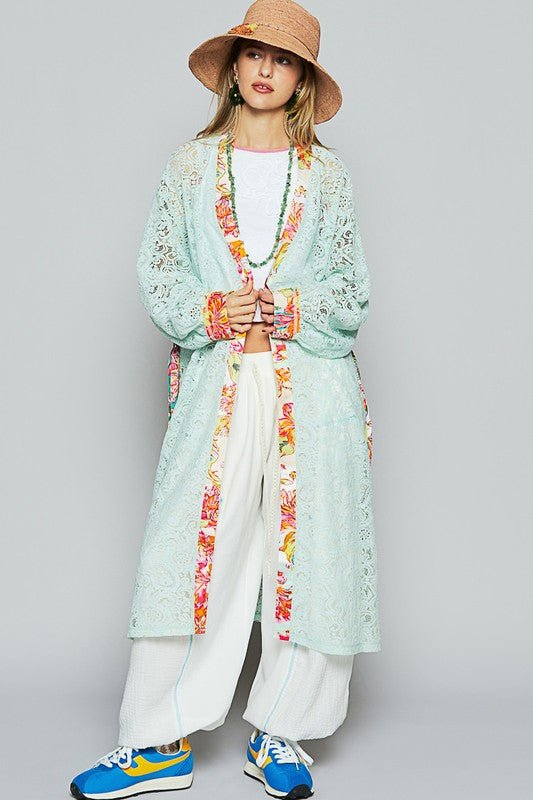 POL Floral Trim Lace Open Front Longline Cardigan - Bitsy Gypsy Boutique