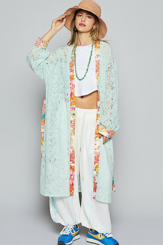 POL Floral Trim Lace Open Front Longline Cardigan - Bitsy Gypsy Boutique