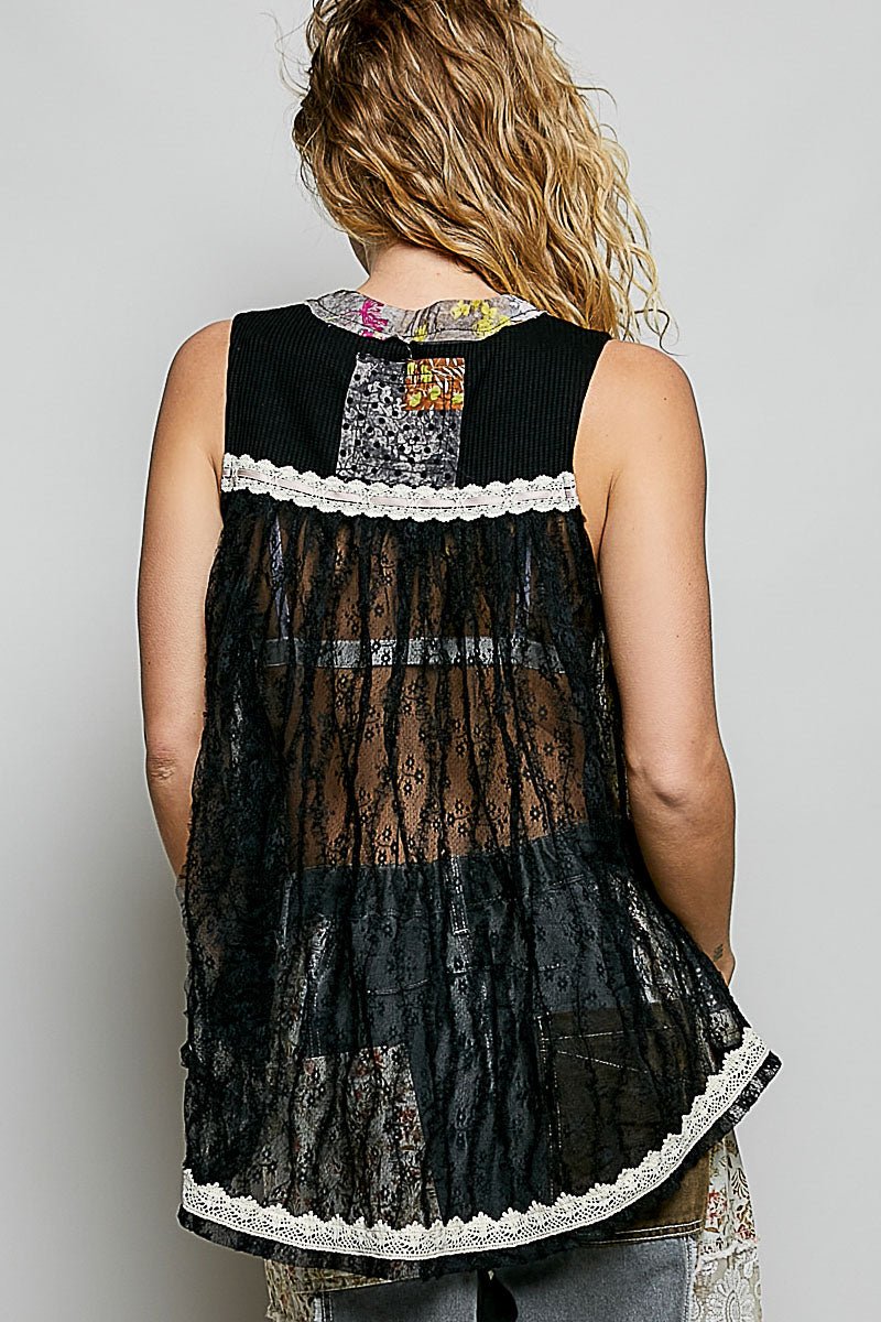 POL Floral V - Neck Sheer Tank with Lace Trim - Bitsy Gypsy Boutique