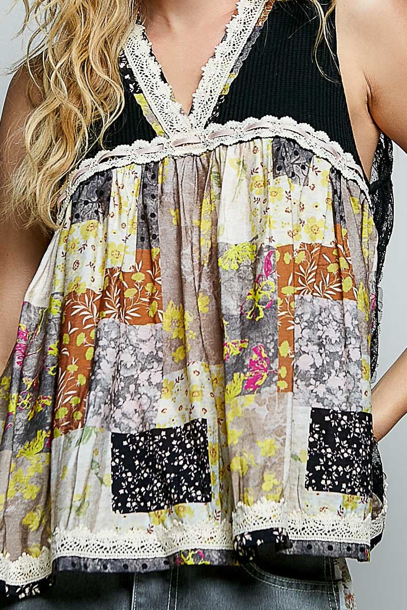 POL Floral V - Neck Sheer Tank with Lace Trim - Bitsy Gypsy Boutique
