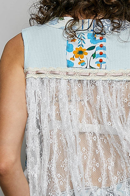 POL Floral V - Neck Sheer Tank with Lace Trim - Bitsy Gypsy Boutique