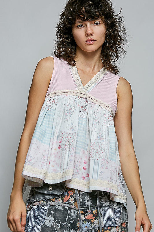 POL Floral V - Neck Sheer Tank with Lace Trim - Bitsy Gypsy Boutique