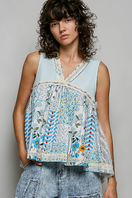 POL Floral V - Neck Sheer Tank with Lace Trim - Bitsy Gypsy Boutique