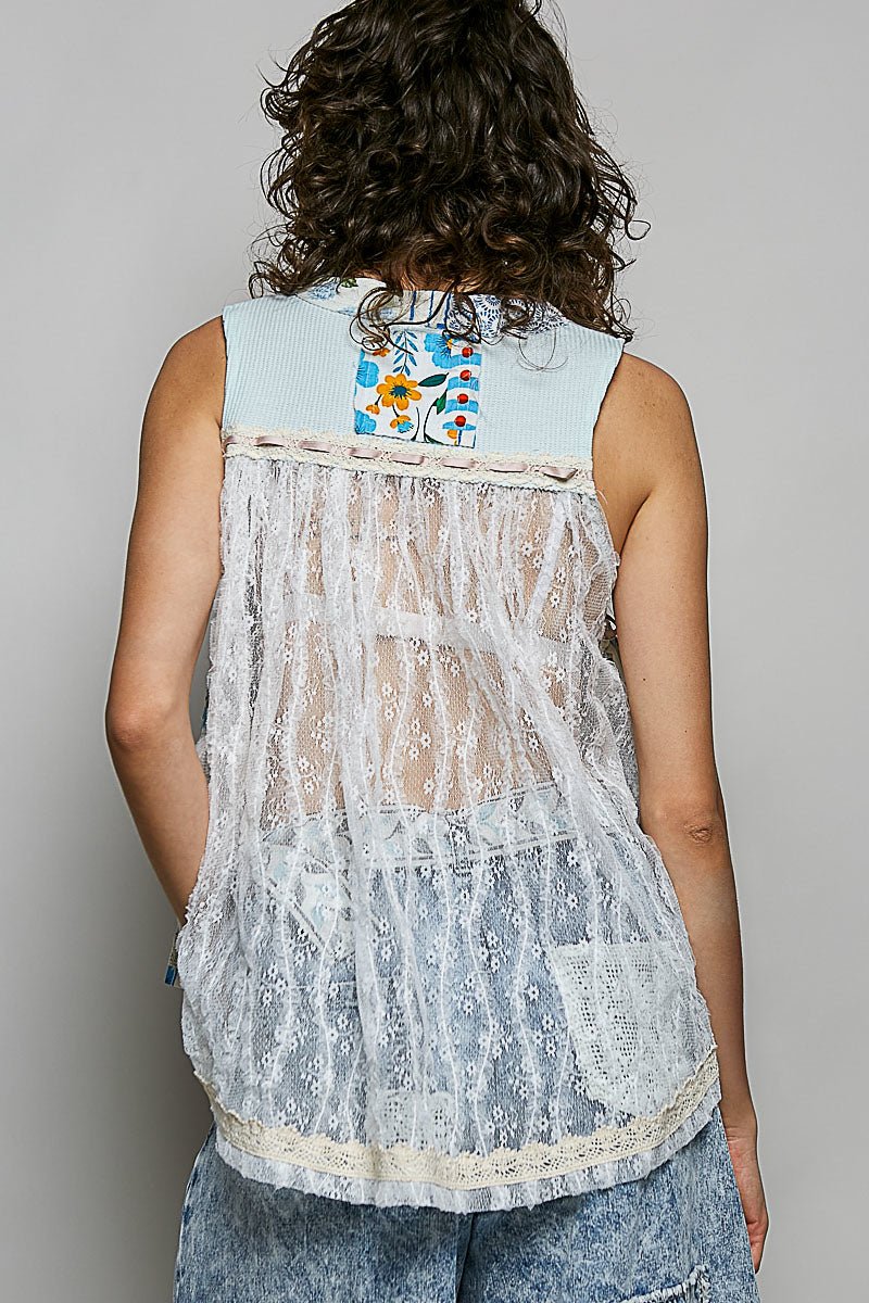 POL Floral V - Neck Sheer Tank with Lace Trim - Bitsy Gypsy Boutique