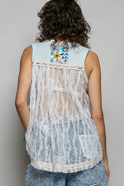 POL Floral V - Neck Sheer Tank with Lace Trim - Bitsy Gypsy Boutique