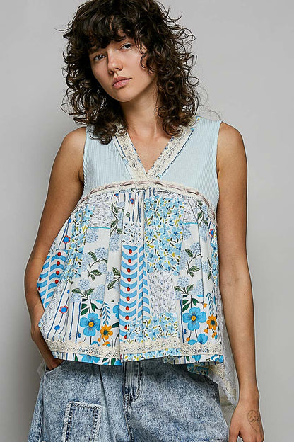 POL Floral V - Neck Sheer Tank with Lace Trim - Bitsy Gypsy Boutique