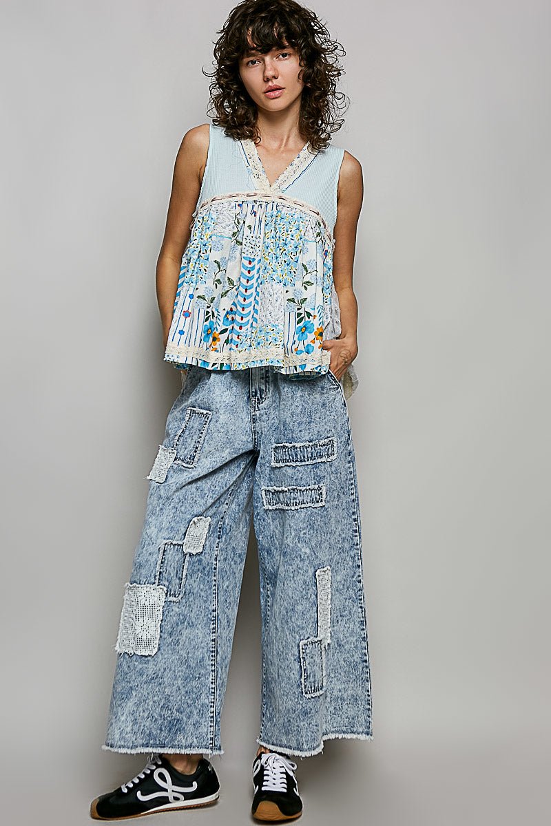 POL Floral V - Neck Sheer Tank with Lace Trim - Bitsy Gypsy Boutique