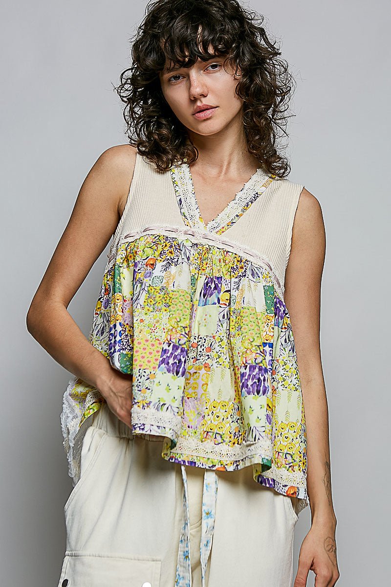 POL Floral V - Neck Sheer Tank with Lace Trim - Bitsy Gypsy Boutique