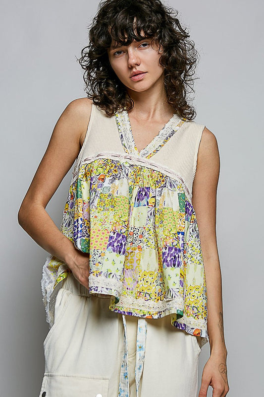 POL Floral V - Neck Sheer Tank with Lace Trim - Bitsy Gypsy Boutique