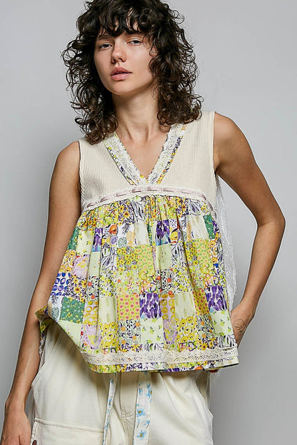 POL Floral V - Neck Sheer Tank with Lace Trim - Bitsy Gypsy Boutique