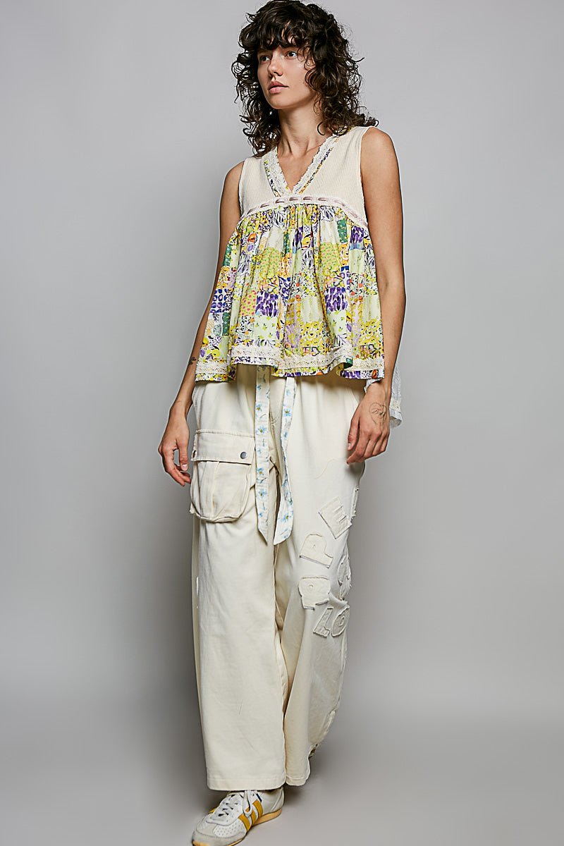POL Floral V - Neck Sheer Tank with Lace Trim - Bitsy Gypsy Boutique