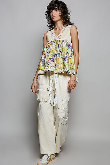 POL Floral V - Neck Sheer Tank with Lace Trim - Bitsy Gypsy Boutique