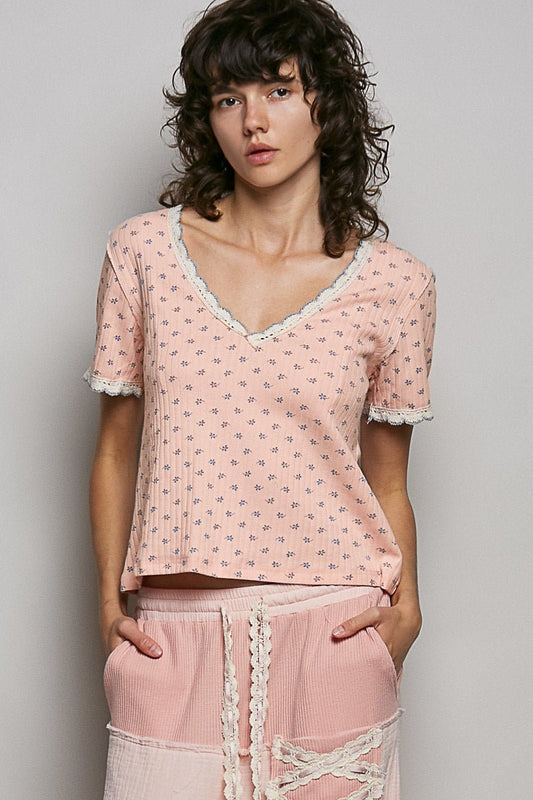 POL Floral V - Neck Short Sleeve Rib T-Shirt - Bitsy Gypsy Boutique