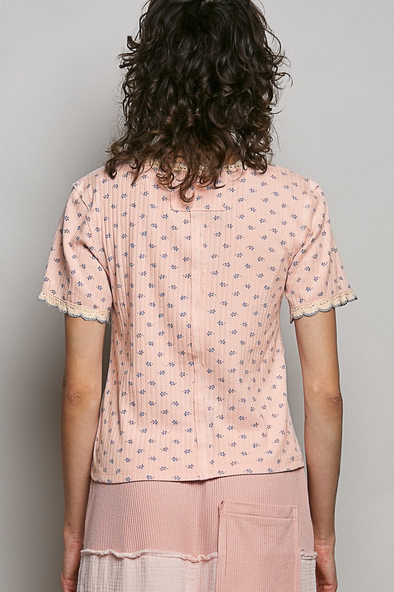 POL Floral V - Neck Short Sleeve Rib T-Shirt - Bitsy Gypsy Boutique