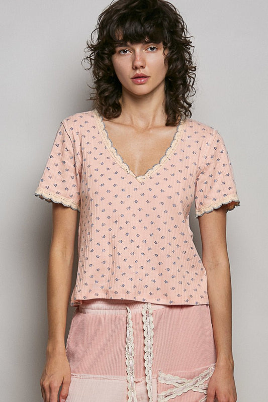 POL Floral V - Neck Short Sleeve Rib T-Shirt - Bitsy Gypsy Boutique
