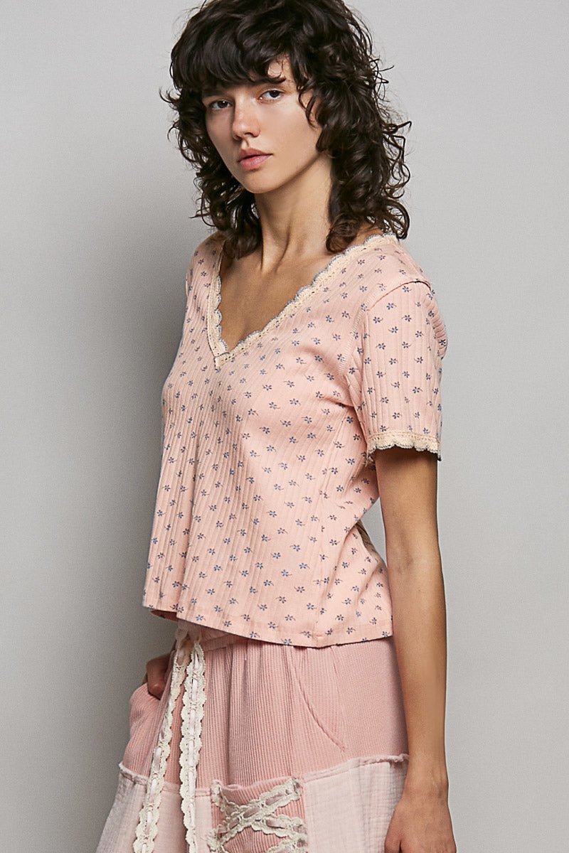 POL Floral V - Neck Short Sleeve Rib T-Shirt - Bitsy Gypsy Boutique