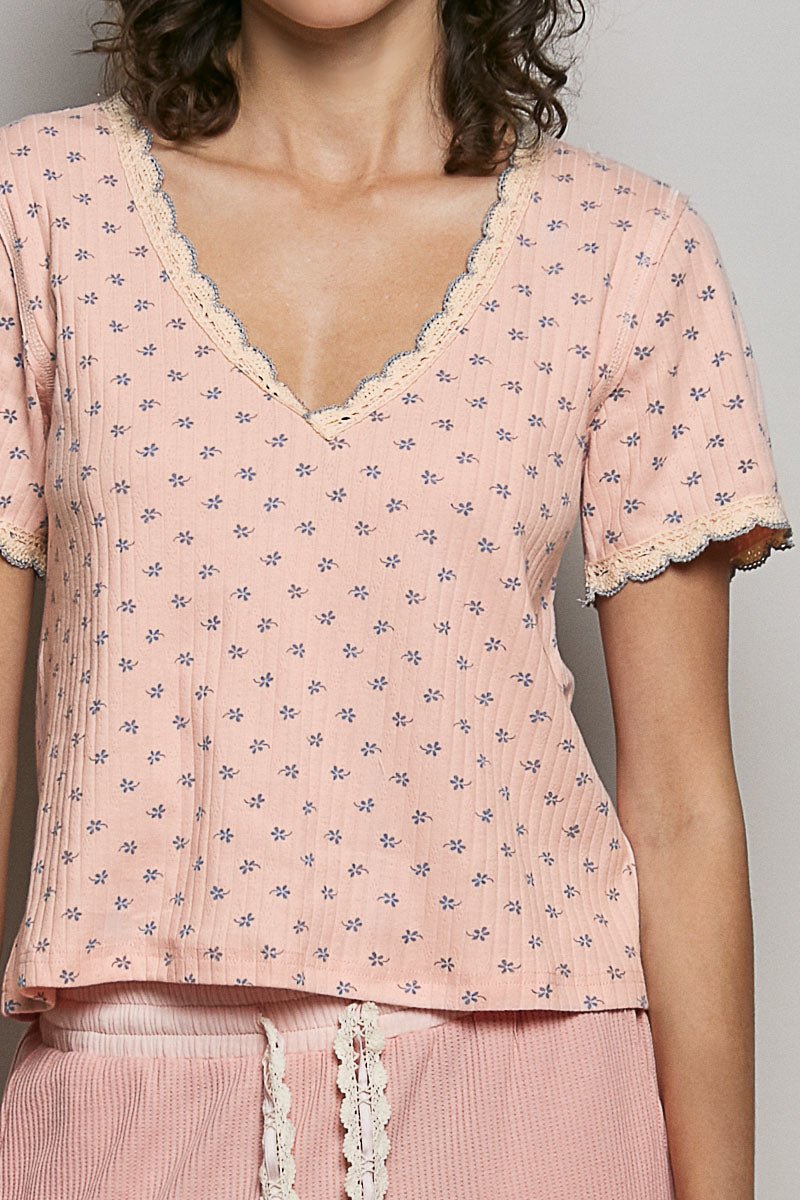 POL Floral V - Neck Short Sleeve Rib T-Shirt - Bitsy Gypsy Boutique