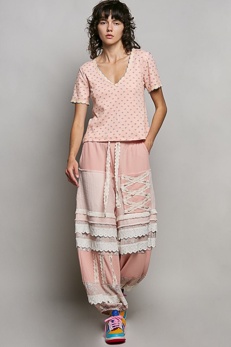 POL Floral V - Neck Short Sleeve Rib T-Shirt - Bitsy Gypsy Boutique