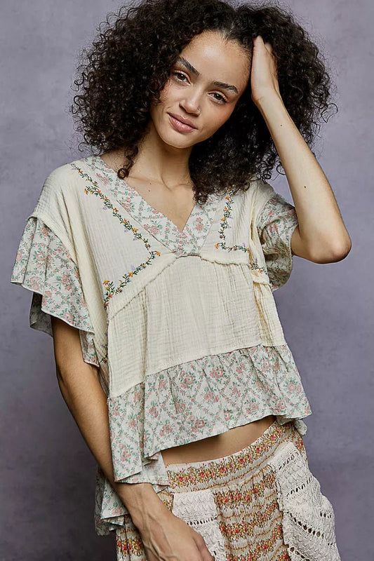 POL Floral V - Neck Short Sleeve Ruffled Double Gauze Blouse with Embroidery Detail - Bitsy Gypsy Boutique