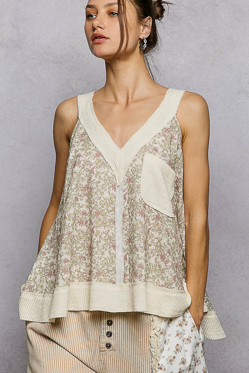 POL Floral V - Neck Tank with Front Pocket - Bitsy Gypsy Boutique