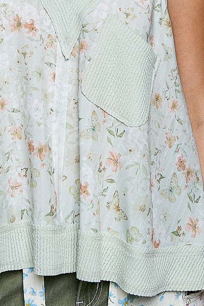 POL Floral V - Neck Tank with Front Pocket - Bitsy Gypsy Boutique