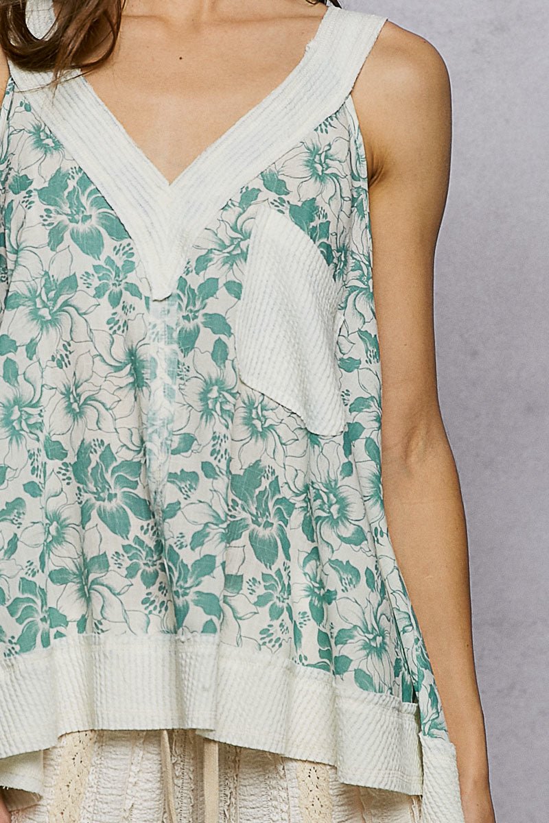 POL Floral V - Neck Tank with Front Pocket - Bitsy Gypsy Boutique