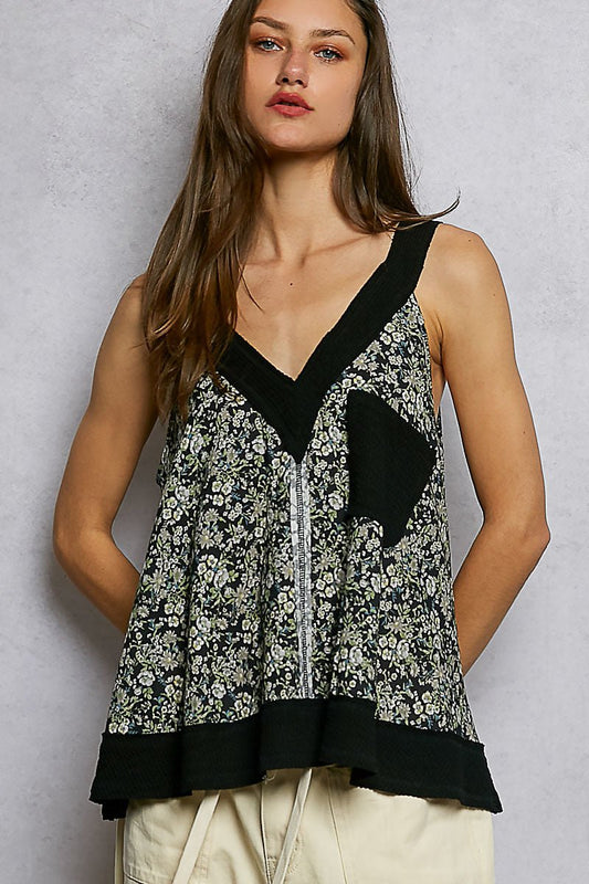POL Floral V - Neck Tank with Front Pocket - Bitsy Gypsy Boutique
