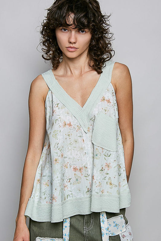 POL Floral V - Neck Tank with Front Pocket - Bitsy Gypsy Boutique