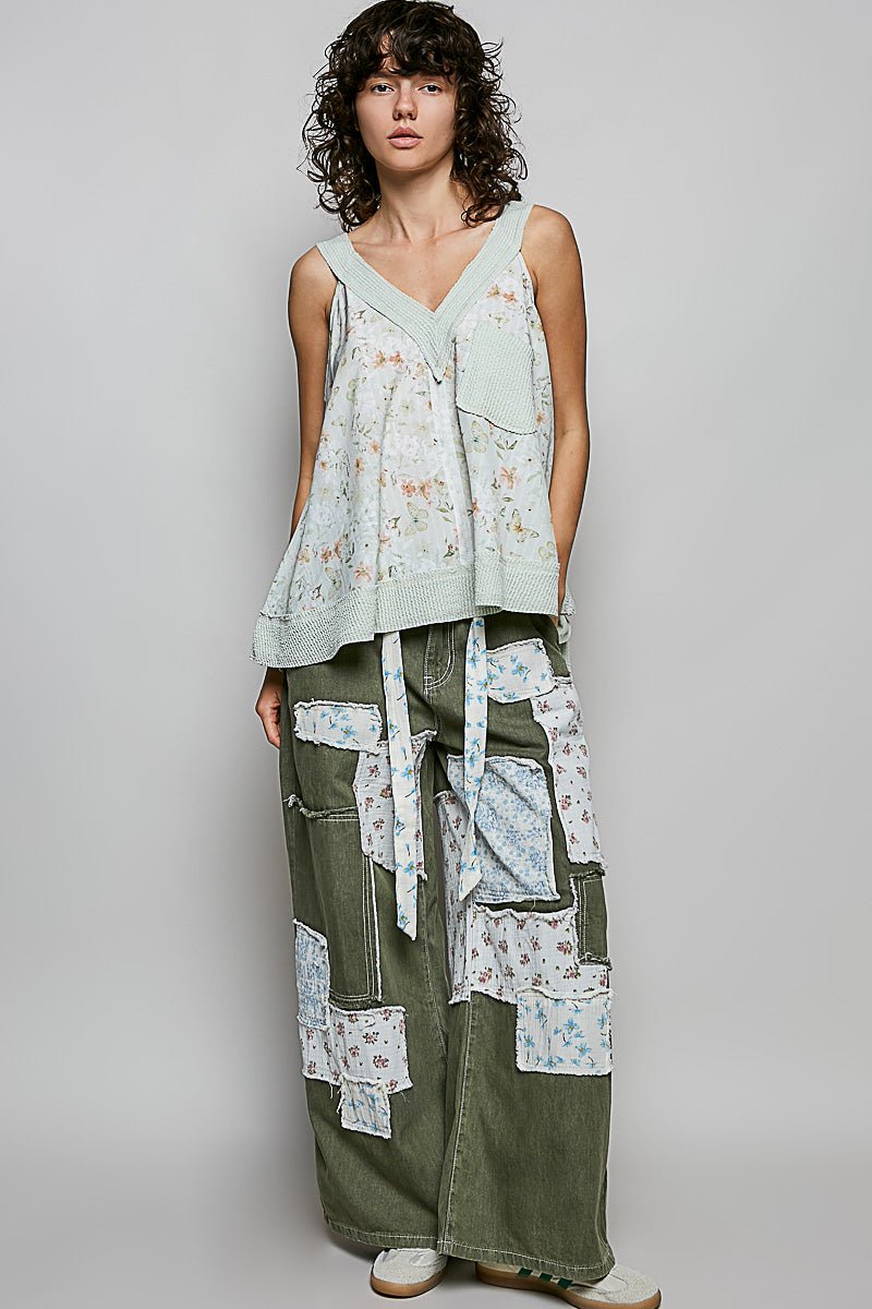 POL Floral V - Neck Tank with Front Pocket - Bitsy Gypsy Boutique
