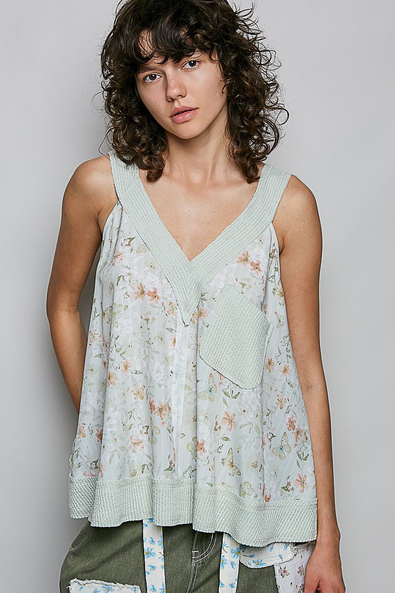 POL Floral V - Neck Tank with Front Pocket - Bitsy Gypsy Boutique