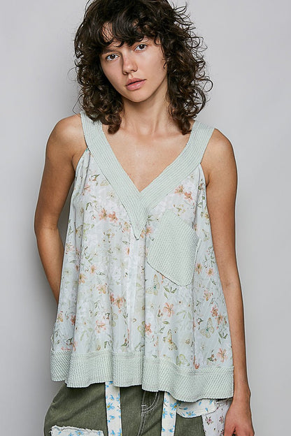 POL Floral V - Neck Tank with Front Pocket - Bitsy Gypsy Boutique