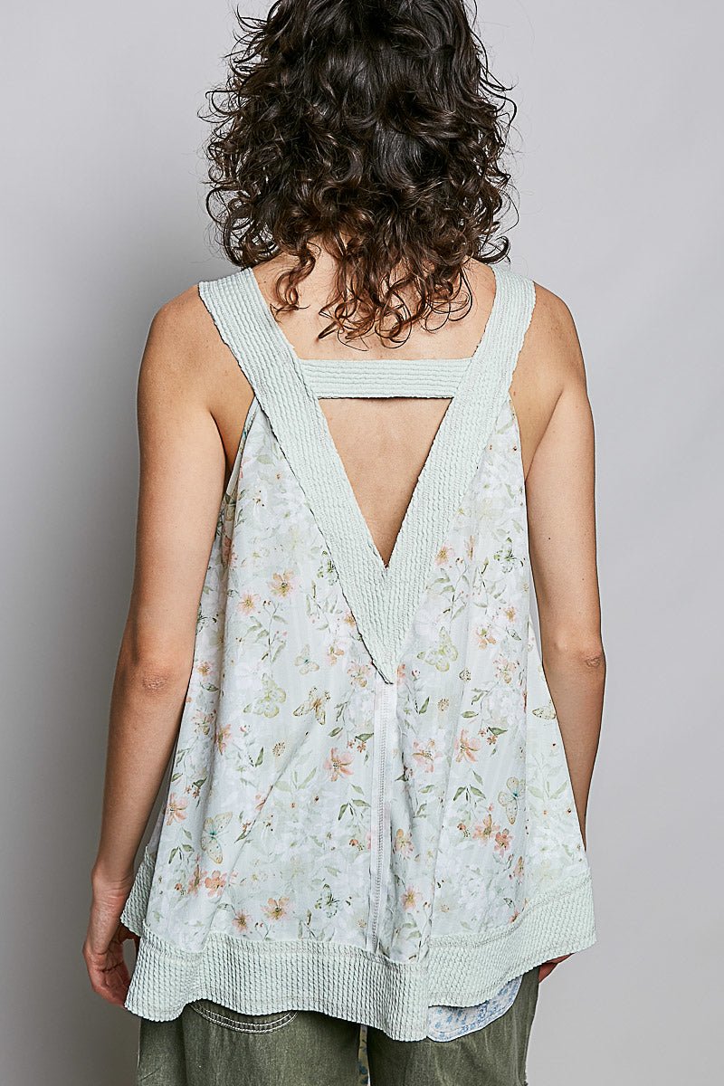 POL Floral V - Neck Tank with Front Pocket - Bitsy Gypsy Boutique