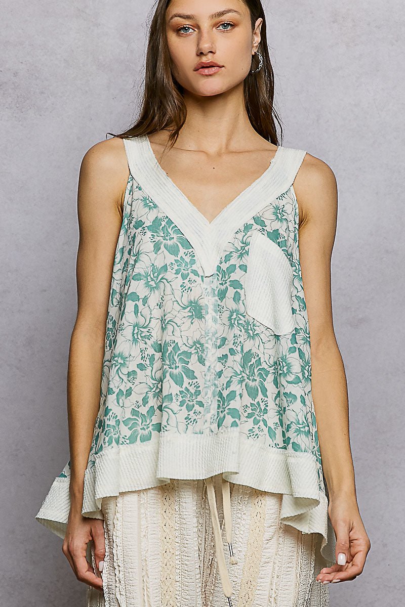 POL Floral V - Neck Tank with Front Pocket - Bitsy Gypsy Boutique