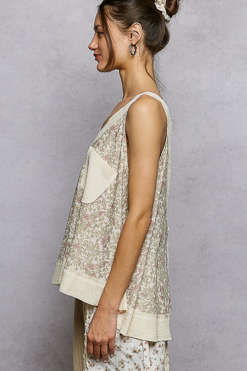 POL Floral V - Neck Tank with Front Pocket - Bitsy Gypsy Boutique
