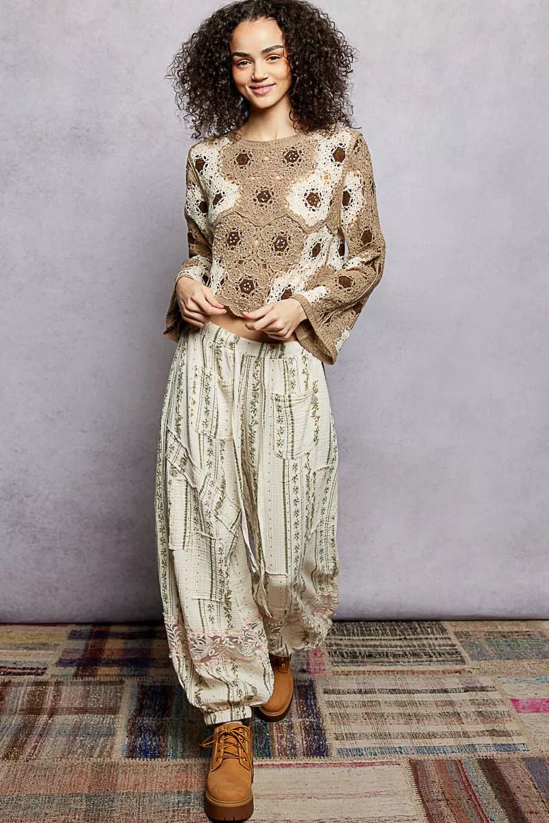POL Floral Weave Pattern Crochet Cropped Top with Beads Detail - Bitsy Gypsy Boutique