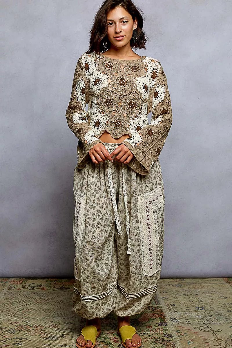 POL Floral Weave Pattern Crochet Cropped Top with Beads Detail - Bitsy Gypsy Boutique