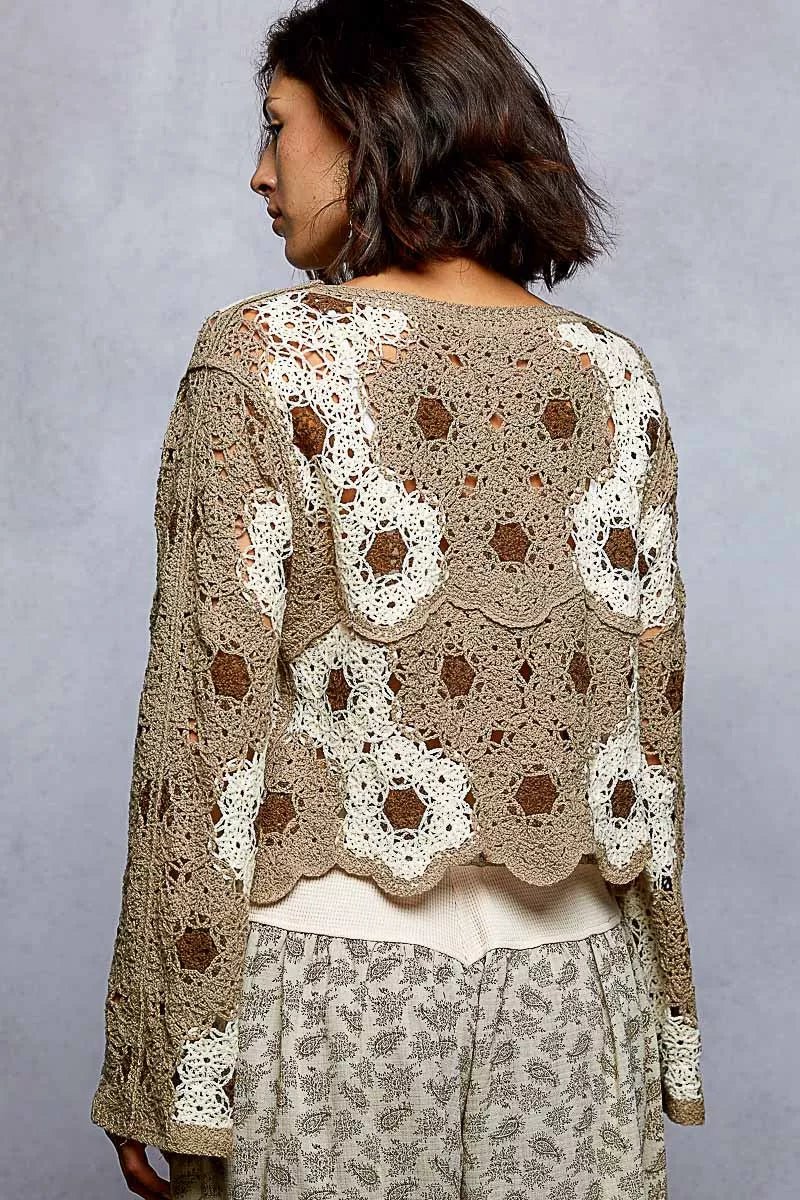 POL Floral Weave Pattern Crochet Cropped Top with Beads Detail - Bitsy Gypsy Boutique
