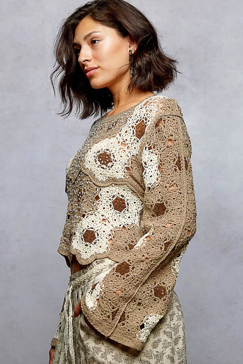 POL Floral Weave Pattern Crochet Cropped Top with Beads Detail - Bitsy Gypsy Boutique