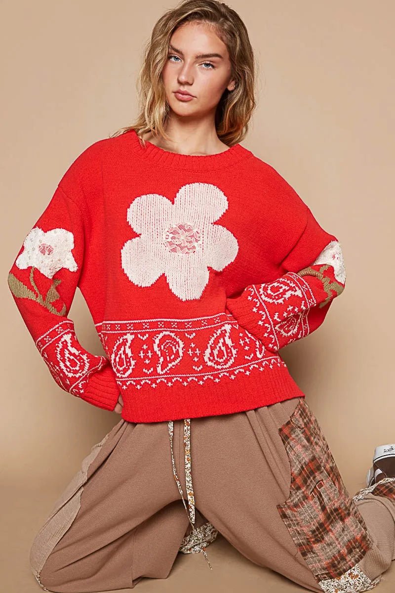 POL Flower Lace Patch Long Sleeve Sweater - Bitsy Gypsy Boutique