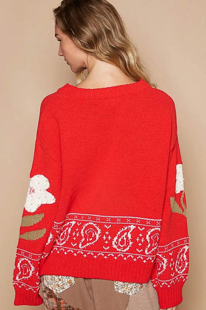 POL Flower Lace Patch Long Sleeve Sweater - Bitsy Gypsy Boutique