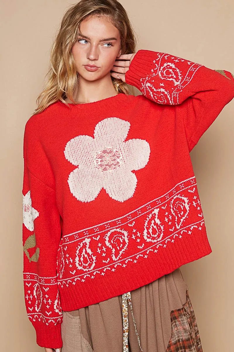 POL Flower Lace Patch Long Sleeve Sweater - Bitsy Gypsy Boutique