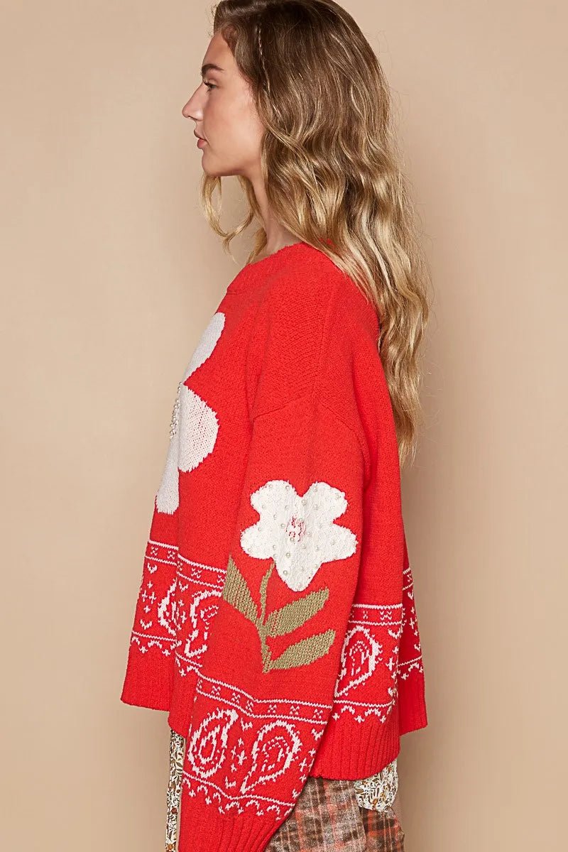 POL Flower Lace Patch Long Sleeve Sweater - Bitsy Gypsy Boutique