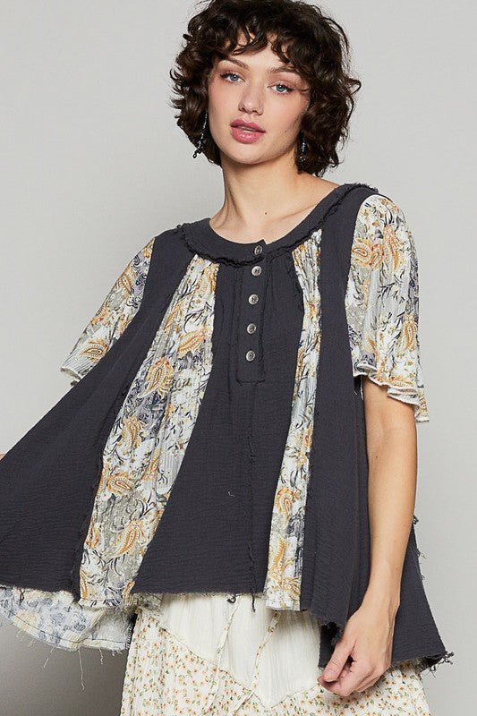 POL Frayed Hem Half Button Short Sleeve Printed Blouse - Bitsy Gypsy Boutique