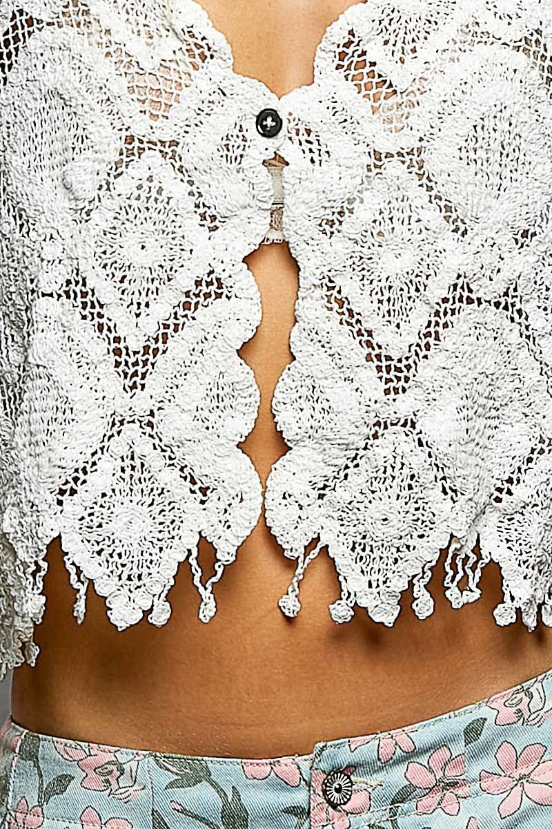 POL Geometric Crochet Cropped Vest with Scalloped Edge Fringe Trim - Bitsy Gypsy Boutique