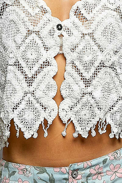 POL Geometric Crochet Cropped Vest with Scalloped Edge Fringe Trim - Bitsy Gypsy Boutique