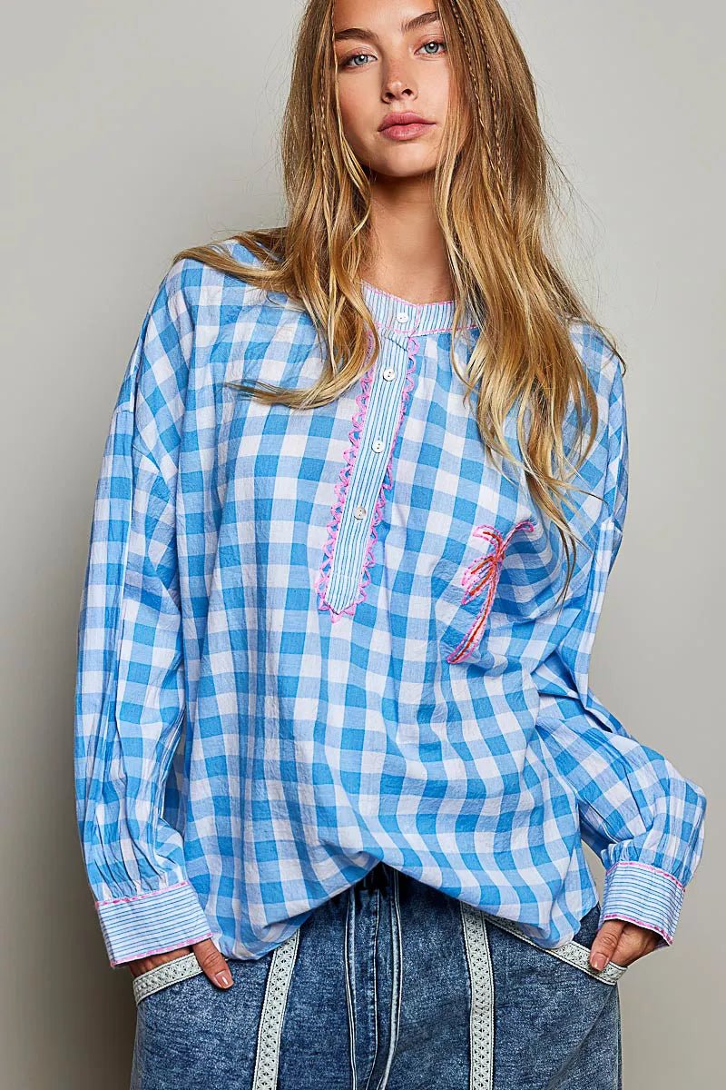 POL Gingham Embroidered Palm Tree Blouse - Bitsy Gypsy Boutique
