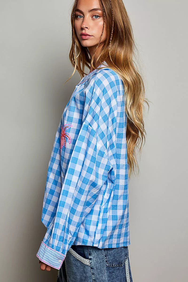 POL Gingham Embroidered Palm Tree Blouse - Bitsy Gypsy Boutique