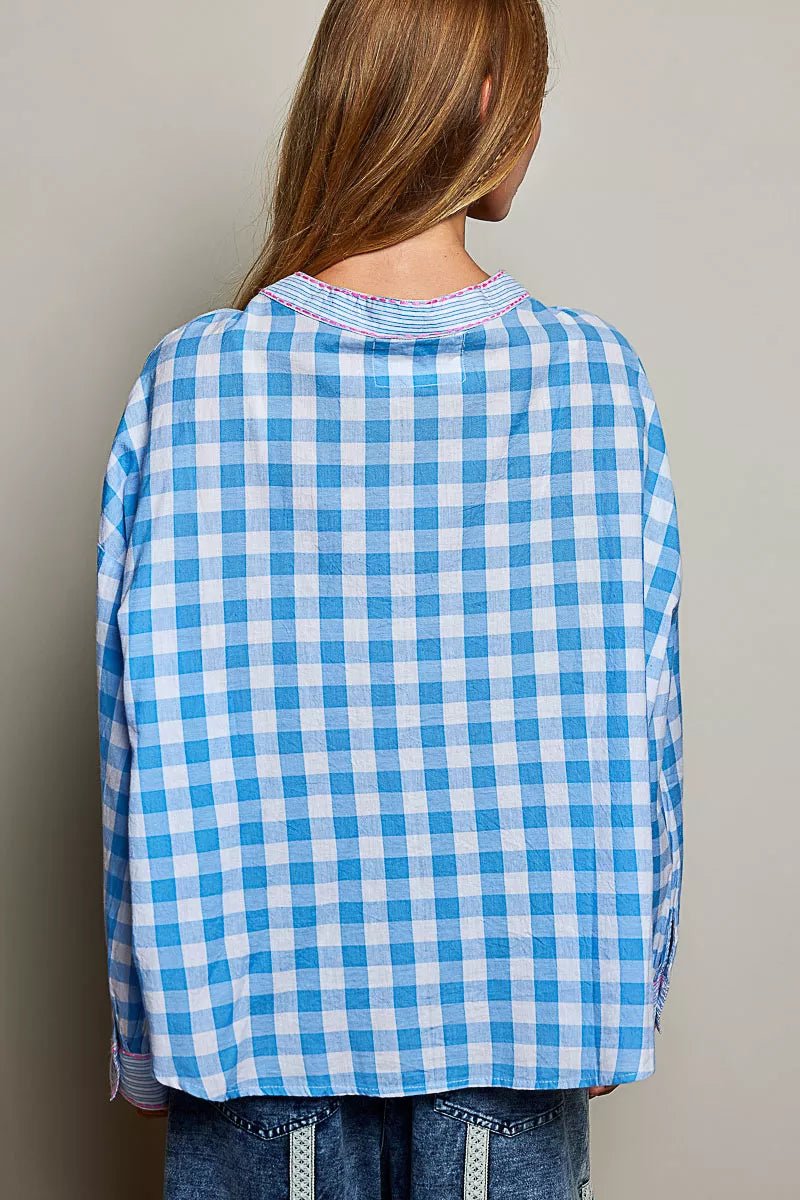 POL Gingham Embroidered Palm Tree Blouse - Bitsy Gypsy Boutique