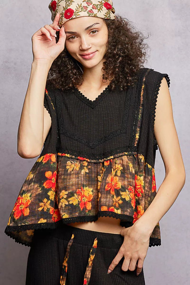 POL Lace Detail Floral Cropped Ruffled Top - Bitsy Gypsy Boutique