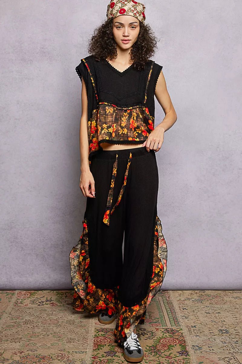 POL Lace Detail Floral Cropped Ruffled Top - Bitsy Gypsy Boutique